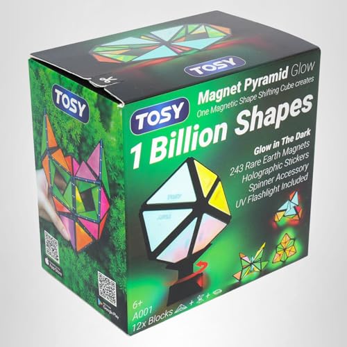 TOSY Magnet Pyramid Glow - 1 Cube Transforms into 1 Billion Shapes, 15 pcs (12 Puzzle pcs & 3 Accessories), 243 Magnets, Glowing, Christmas Stocking Stuffers Gift for Kids, Creative Puzzle STEM Toy