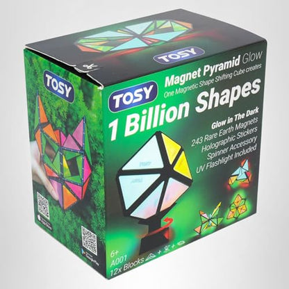 TOSY Magnet Pyramid Glow - 1 Cube Transforms into 1 Billion Shapes, 15 pcs (12 Puzzle pcs & 3 Accessories), 243 Magnets, Glowing, Christmas Stocking Stuffers Gift for Kids, Creative Puzzle STEM Toy