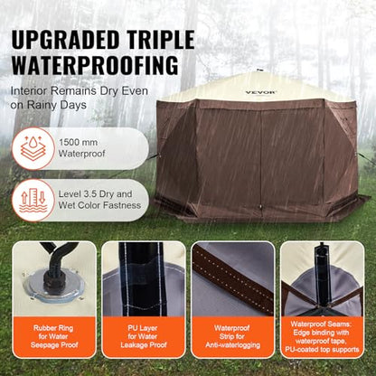 VEVOR Pop Up Gazebo Screen Tent 6 Sided Canopy Sun Shelter with 6 Removable Privacy Wind Cloths & Mesh Windows, 11.5x11.5FT Quick Set Screen Tent with Mosquito Netting, Brown