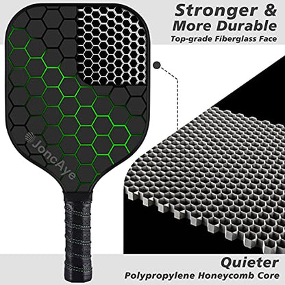 JoncAye Pickleball Paddles Set of 4 Fiberglass Rackets and Balls w/Racquet Case, Overgrip, Ball Bag, USAPA Approved Pickle-ball Kit for Women, Men, Lightweight Starter Set for Kids, Adults