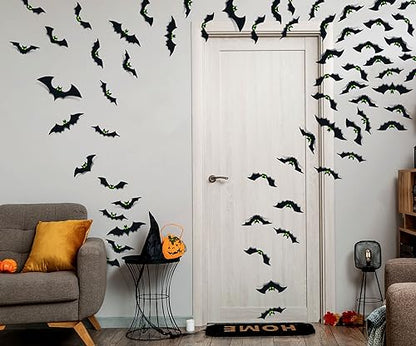 Halloween Decorations Indoor - Bats Halloween Decorations Plastic Spooky Scary 3D Bats for Halloween Party Bathroom Kitchen Home Room Outdoor Wall Glow Eyes Bats Stickers Gothic Decor 56 Pcs