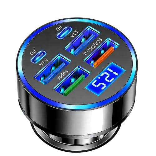 Alanph USB C Car Charger Adapter with Voltmeter Compatible with iPhone, Super+ QC3.0 6 in 1 Multi-Port Super Fast Charging Cigarette Lighter USB Charger for Android, Samsung