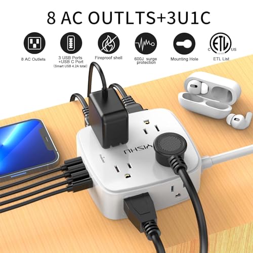 6 Ft Surge Protector Power Strip - 8 Widely Outlets with 4 USB Ports, 3 Side Outlet Extender with 6 Feet Extension Cord, Flat Plug, Wall Mount, Desk USB Charging Station, ETL,White