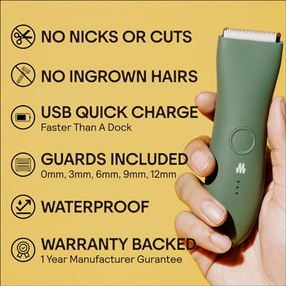 MERIDIAN Body Hair Trimmer for Men, Bikini Trimmer for Women, Ball Trimmer Men, Pubic Hair, No Nick, No Cut, No Razor Burn, Groin and Body Shaver - Waterproof & Rechargeable Body Groomer - Sage