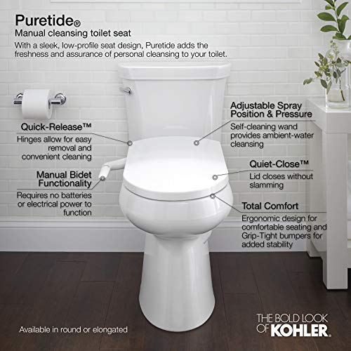 KOHLER 5724-0 PureWash M250 Elongated Bidet Toliet Seat, Manual Non-Electric Bidets for Existing Toilets, Adjustable Bidet Sprayer, White