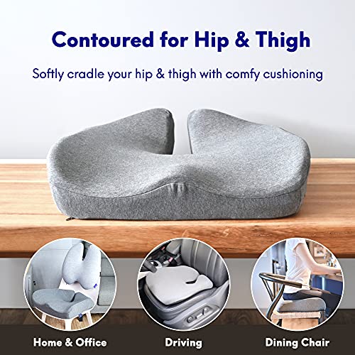 Cushion Lab Patented Pressure Relief Seat Cushion for Long Sitting Hours on Office/Home Chair, Car, Wheelchair - Extra-Dense Memory Foam for Hip, Tailbone, Coccyx, Sciatica - Light Grey