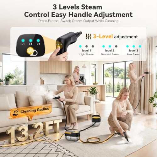 Gautye Steam Cleaner, 3 Level Adjustable Handle with 15 Accessories