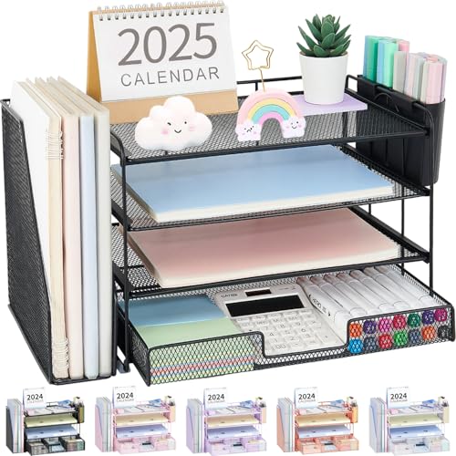 OPNICE Desk Organizer, 4-Tier Desktop File Organizer with Drawer and Pen Holders, Office Desk Accessories, File Sorters, Workspace Organizers for Office Supplies (Black)