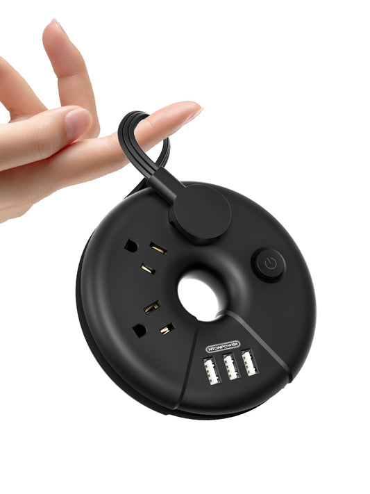 NTONPOWER Travel Power Strip With 3 USB Ports, Cruise Approved Flat Plug, 3Feet Extension Cord, On/Off Switch, Black i-Donut for Home, Hotel, Travel Cruise Ship Essentials