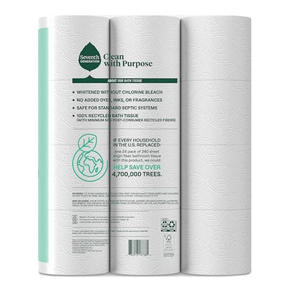 Seventh Generation Toilet Paper White Bathroom Tissue 2-ply 100% Recycled Paper without Chlorine Bleach 24 count, Pack of 2