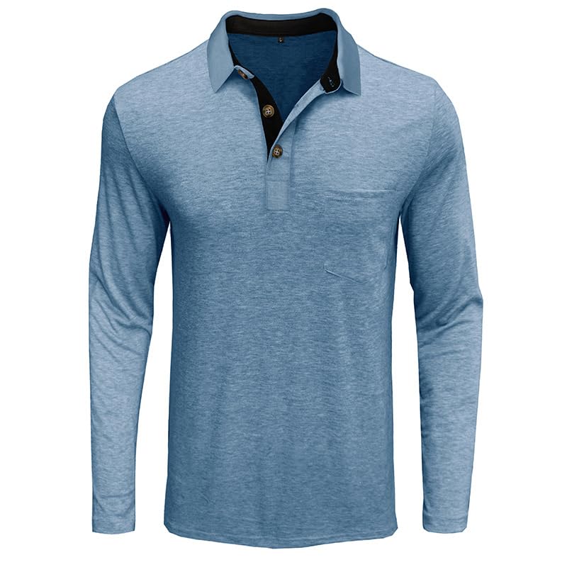 Men's Casual Polo Shirts Classic Button Basic Long Sleeve Shirt Solid Color Cotton Tees Stylish Tops Blue