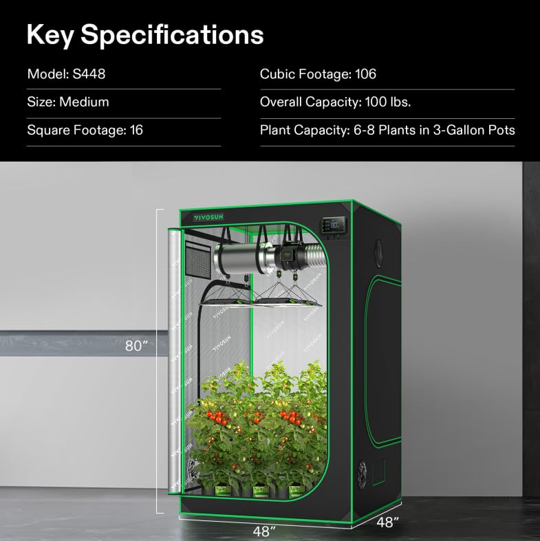 VIVOSUN S448 4x4 Grow Tent, 48"x48"x80" High Reflective Mylar with Observation Window and Floor Tray for Hydroponics Indoor Plant for VS4000/VSF4300