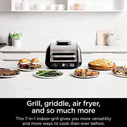 Ninja IG601 Foodi XL 7-in-1 Electric Indoor Grill Combo, use Opened or Closed, Air Fry, Dehydrate & More, Pro Power Grate, Flat Top Griddle, Crisper, Black, 4 Quarts