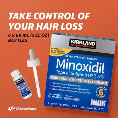 (6 Pack) Minoxidil Liquid Extra Strength Hair Regrowth Treatment for Men, 5% Topical Solution, 6 Months Supply - Dropper Applicator Included - Dermatologist Recommended by 4K Logistics