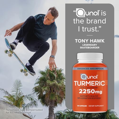 Qunol Turmeric Curcumin with Black Pepper, 2250mg Turmeric Extract with 95% Curcuminoids, Extra Strength Turmeric Supplement, Enhanced Absorption, Joint Support Supplement, 90 Vegetarian Capsules