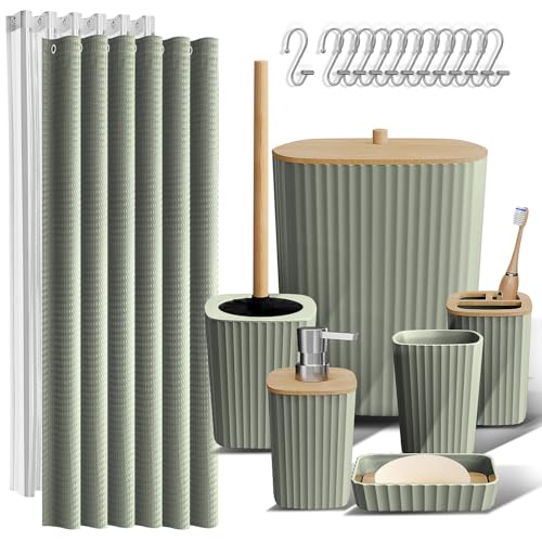 Clara Clark Bathroom Accessories Set - Bathroom Set, Bathroom Accessory Set, Shower Curtain Set, Toilet Brush, Trash Can & Soap Dispenser - Sage Green - 20PC