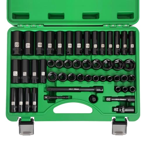 Dangkiy 3/8" Drive Impact Socket Set, 50 Piece Standard SAE (5/16 to 3/4 inch) and Metric (8-22mm) 6 Point, Extension Bars, Impact Universal Joint, Adapter, Cr-V Steel