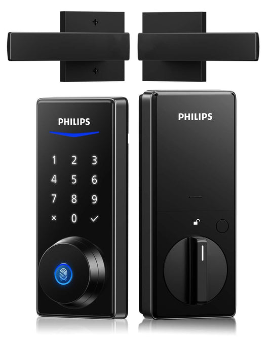 Philips Fingerprint Door Lock with 2 Lever Handles Set, Keyless Entry Door Lock with Handles, Electronic Door Lock Set with Code, Door Lock Set for Front Door,Auto Lock, Touchscreen Keypad with Key