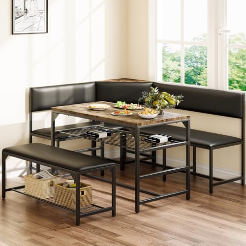 Concho Kitchen Breakfast Nook Table Set with Soft Seat, Corner Dining Table Set for 4-6 People, Dining Room Sets for 4, Space Saving Kitchen Booth Seating with Table for Small Space, Coffee Brown