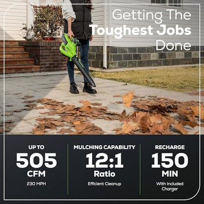 Greenworks 40V (230 MPH / 505 CFM) Cordless Brushless Leaf Blower/Vacuum with Bag, High Power, Lightweight & Quiet for Yard Debris Cleanup, Includes 5.0Ah Battery & Charger