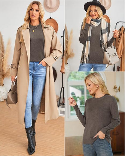 Arach&Cloz Womens 2025 Long Sleeve Sweaters Work Formal Halloween Winter Early Fall Fashion Tops Shirts Teacher Business Casual Dressy Black White Business Outfits Chocolate Brown Clothes (A-Coffee,M)