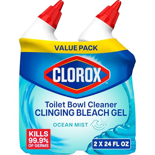 Clorox Toilet Bowl Cleaner Clinging Bleach Gel, Kills 99.9% of Bacteria and Viruses, Ocean Mist, 24 Fl Oz, Pack of 2