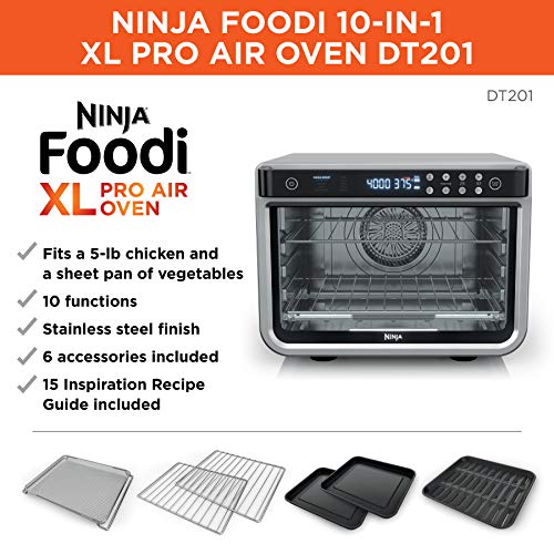 Ninja DT201 Foodi 10-in-1 XL Pro Air Fry Digital Countertop Convection Toaster Oven with Dehydrate and Reheat, 1800 Watts, Stainless Steel Finish, Silver