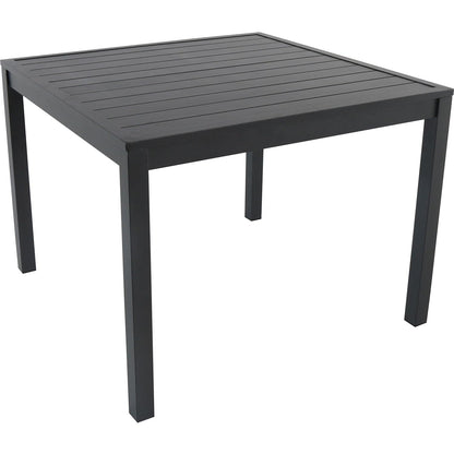 Hanover Naples 5-Piece Outdoor Dining Set with 38'' Rust Resistant Aluminum Square Dining Table and Grey Stackable Sling Chairs, Modern Space Saving All-Weather Patio Dining Set for 4