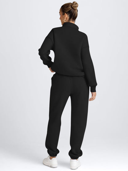 AUTOMET Women's Sweatsuits 2 Piece Outfits Lounge Sets Long Sleeve Half Zip Pullover and Baggy Sweatpants with Pockets Black XL