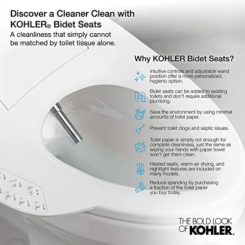 KOHLER 5724-0 PureWash M250 Elongated Bidet Toliet Seat, Manual Non-Electric Bidets for Existing Toilets, Adjustable Bidet Sprayer, White