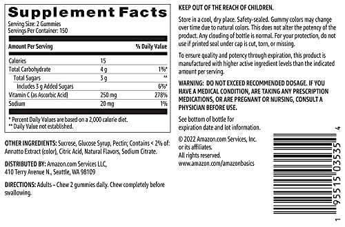 Amazon Basics - Vitamin C, 250 mg Gummies, Orange, 300 Count (2 Packs of 150), 2 per Serving (Previously Solimo)