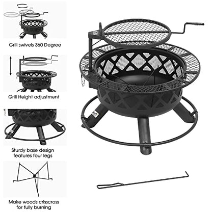 BALI OUTDOORS Wood Burning Fire Pit with Quick Removable Cooking Grill, Black, 32in