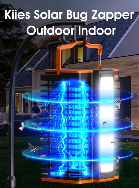 Kiies Solar Bug Zapper Outdoor,2 in 1 Mosquito Zapper Cordless & Rechargeable, 4200V Portable Fly Zapper Insect Trap with Reading Lamp for Camping Patio Backyard Garden