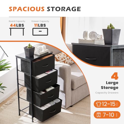 Sweetcrispy Nightstand Small Bedroom Dresser with 4 Fabric Drawers, Bed Side Furniture End Table, Wooden Top Cabinet Night Stand Dresser for Closet, Entryway, Dorm, Black