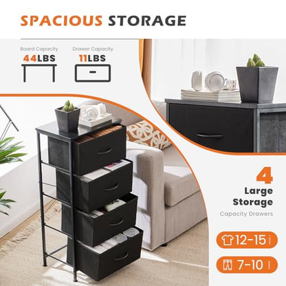 Sweetcrispy Nightstand Small Bedroom Dresser with 4 Fabric Drawers, Bed Side Furniture End Table, Wooden Top Cabinet Night Stand Dresser for Closet, Entryway, Dorm, Black