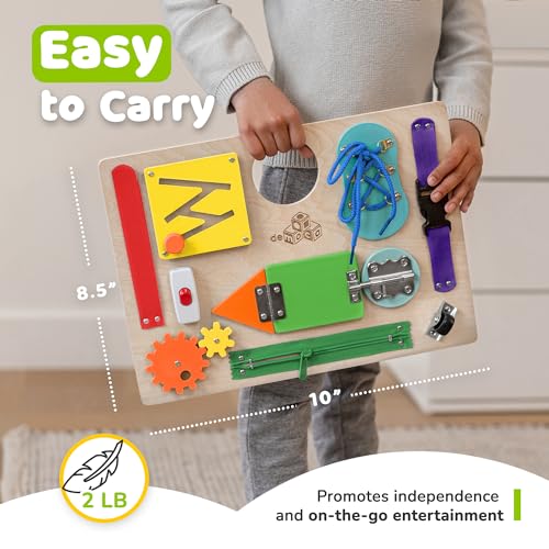 deMoca Busy Board for Toddlers, Montessori Wooden Activity Board with 10 Educational Activities for Learning Fine Motor Skills, Kids Travel Toy for Boys & Girls, Packaging May Vary