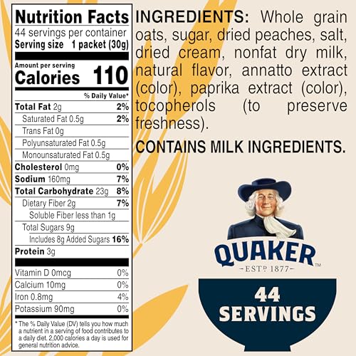 Quaker Instant Oatmeal, Peaches & Cream, 1.05oz, 44 Counts (Pack of 1)