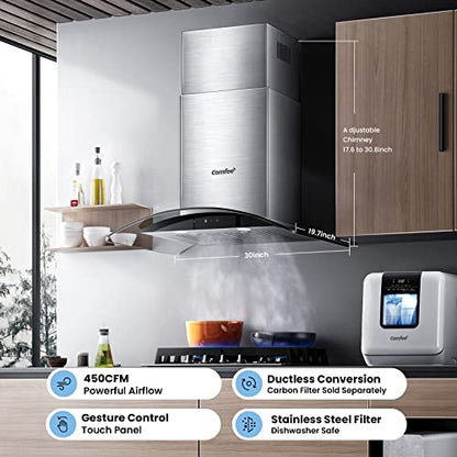 COMFEE' Curved Glass Range Hood 30 Inch 450 CFM 3 Speed Gesture Sensing &Touch Control Panel Stainless Steel kitchen Ductless/Ducted Convertible with Baffle Filters and 2 LED Lights (CVG30W9AST)
