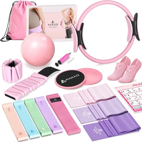 NANATI Pilates Kit with Ankle Weights, Pilates Essentials Kit for Women, Pilates Equipment with 14.5" Pilates Ring and Ball, Resistance Bands, Core Sliders & Grip Socks for Home Workouts (Pink)