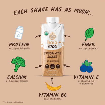 Koia Kids Plant Based Protein Shake, Chocolate, Ready to Drink, 9g Protein, 4g Low Sugar, 4g Fiber, 21 Vitamins & Minerals, Dairy-Free, Allergen-Free, Organic, Non-GMO, 8 Fl Oz (Pack of 12)