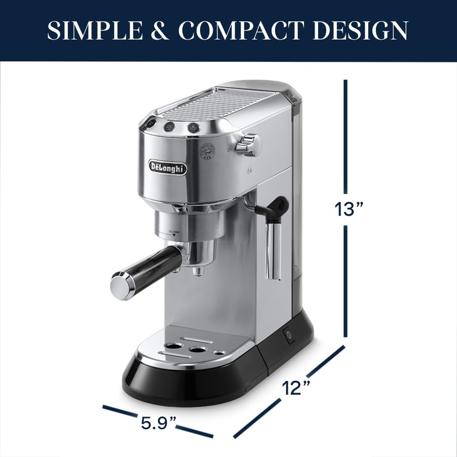 De'Longhi Dedica EC680M, Espresso Machine, Coffee and Cappucino Maker with Milk Frother, Metal / Stainless, Compact Design 6 in Wide, Fit Mug Up to 5 in