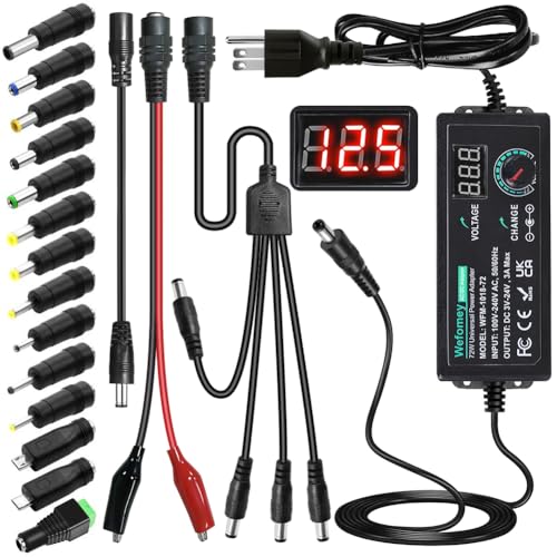 Universal Power Supply 3V-24V 3A 72W Adjustable Variable AC/DC Adapter Charger with 14 Tips, Polarity Converter and 4-Way Power Splitter Cable