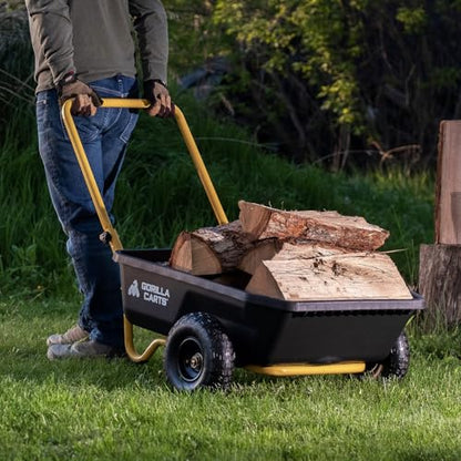 Gorilla Carts GCR-4 Poly Dump Cart, 2-Wheel Garden Wagon with Foldable Handle, 4 cu ft, 300 lb. Capacity, Black/Yellow