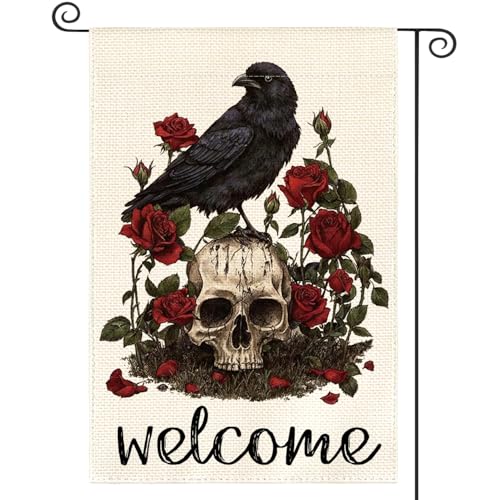 AVOIN colorlife Halloween Skull Rose Garden Flag 12x18 Inch for Outside