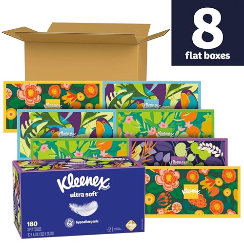 Kleenex Ultra Soft Facial Tissues, 8 Flat Boxes, 180 Tissues per Box, 3-Ply, Packaging May Vary