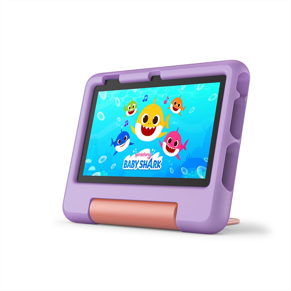 Amazon Fire 7 Kids tablet, ages 3-7 (16 GB, Purple) + Backpack Bundle