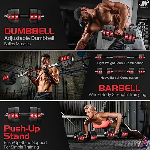 LEADNOVO 44Lbs 66Lbs 88Lbs 3 in 1 Adjustable Weights Dumbbells Barbell Set, Home Fitness Gym Workout Exercise Training with Connecting Rod for Men Women