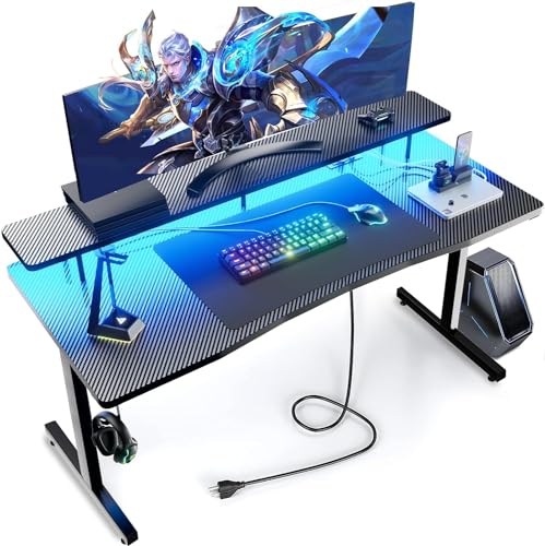 GTRACING 55 Inch Gaming Desk with LED Lights, Computer Gamer Desk with Monitor Stand, Ergonomic Carbon Fiber Surface Gaming Table with Mouse Pad for Home Office, RGB