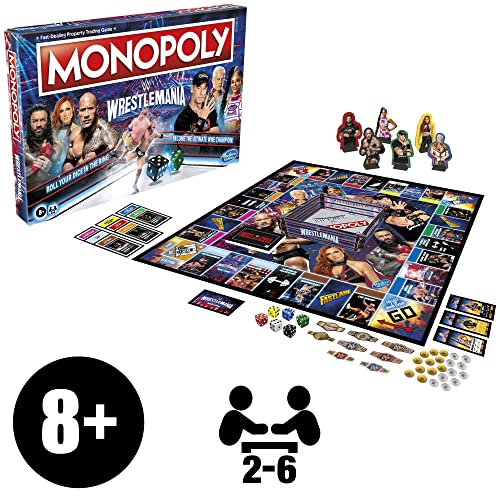 Hasbro Gaming Monopoly: Wrestlemania Edition Board Game for Ages 8 and up, Monopoly Game Inspired by WWE Wrestlemania, Family Games for 2-6 Players, Kids Games