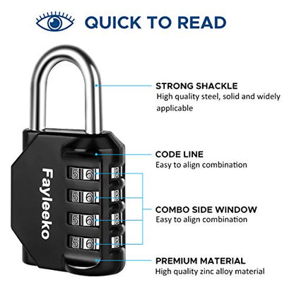 Fayleeko Combination Lock, 4 Digit Padlock for School Gym Sports Locker, Fence, Toolbox, Case, Hasp Cabinet Storage (2 Pack, Black)